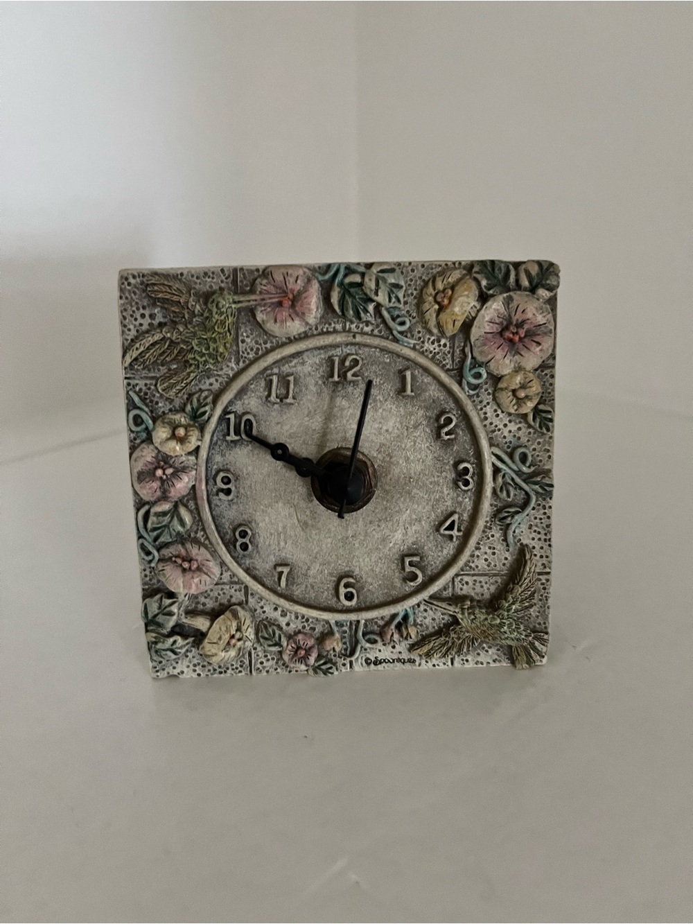 VTG Floral Hummingbird Square Table Clock